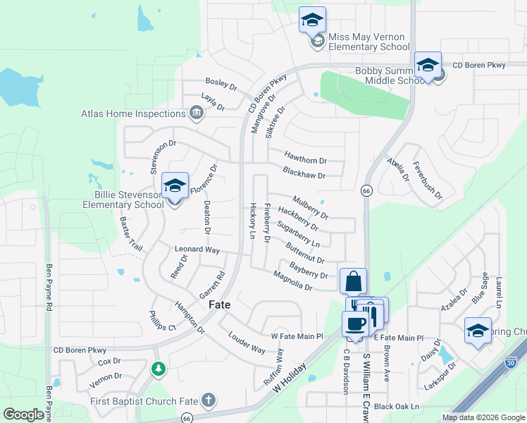 map of restaurants, bars, coffee shops, grocery stores, and more near 549 Hickory Lane in Rockwall