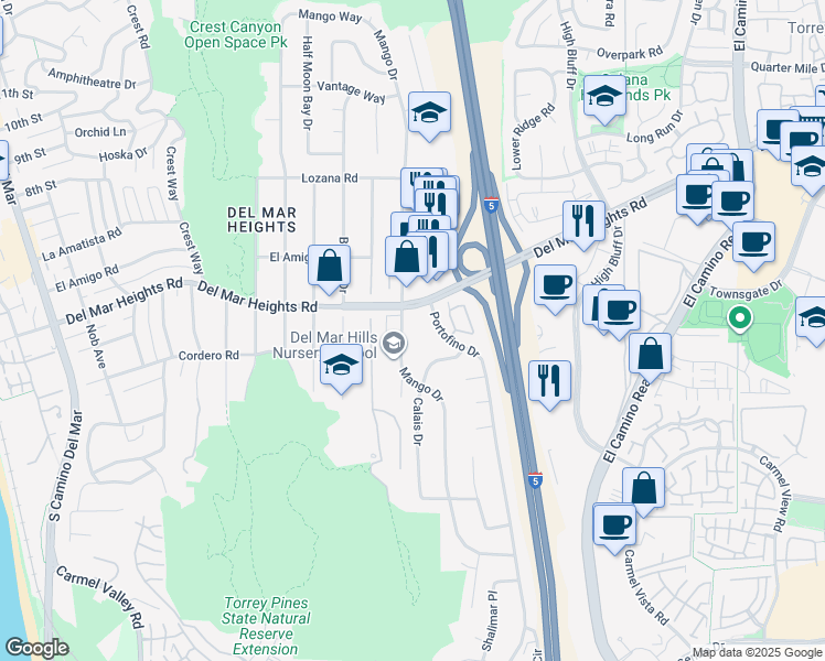 map of restaurants, bars, coffee shops, grocery stores, and more near 13754 Mango Drive in Del Mar