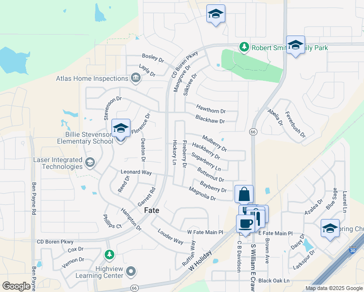 map of restaurants, bars, coffee shops, grocery stores, and more near 613 Fireberry Drive in Rockwall