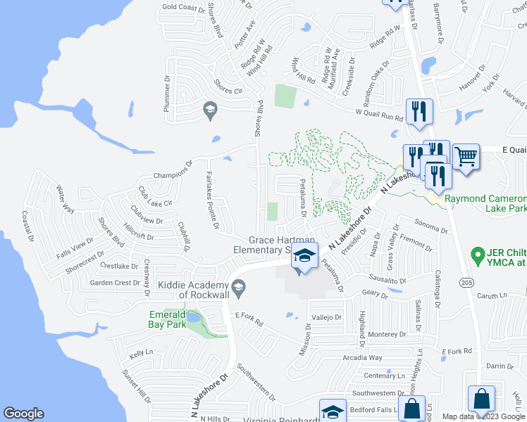 map of restaurants, bars, coffee shops, grocery stores, and more near 1315 Shores Boulevard in Rockwall