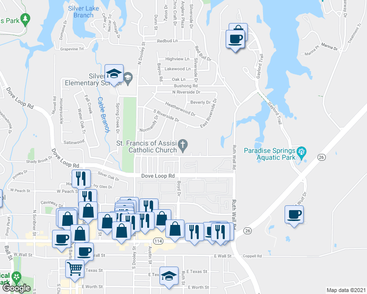 map of restaurants, bars, coffee shops, grocery stores, and more near 861 Wildwood Lane in Grapevine