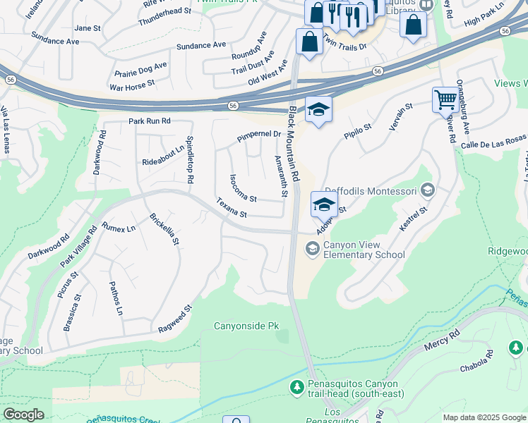 map of restaurants, bars, coffee shops, grocery stores, and more near 12752 Texana Street in San Diego