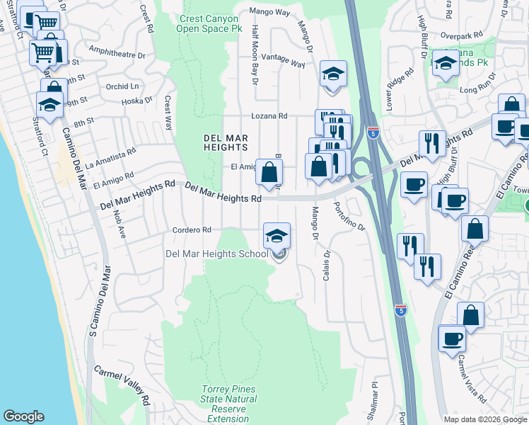 map of restaurants, bars, coffee shops, grocery stores, and more near in Del Mar