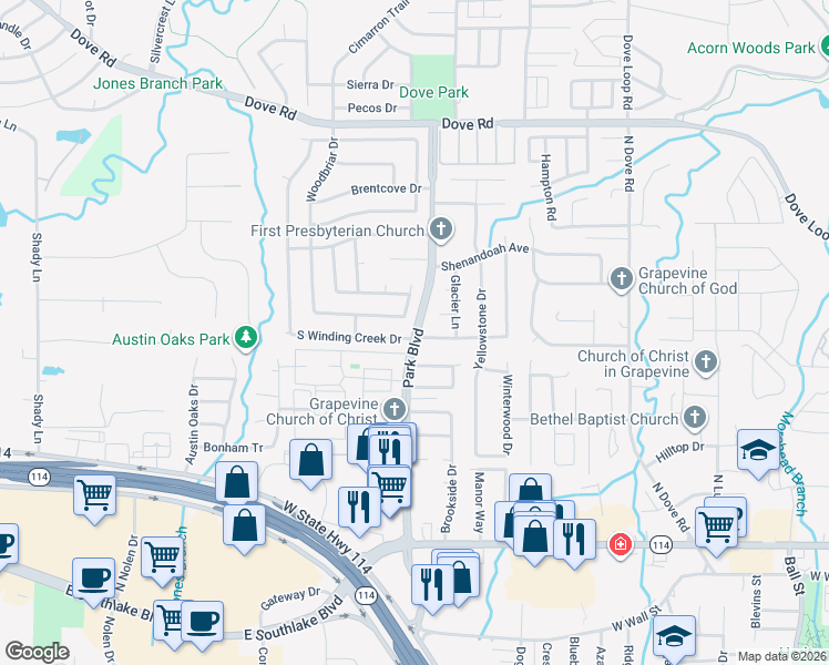map of restaurants, bars, coffee shops, grocery stores, and more near 758 North Park Boulevard in Grapevine