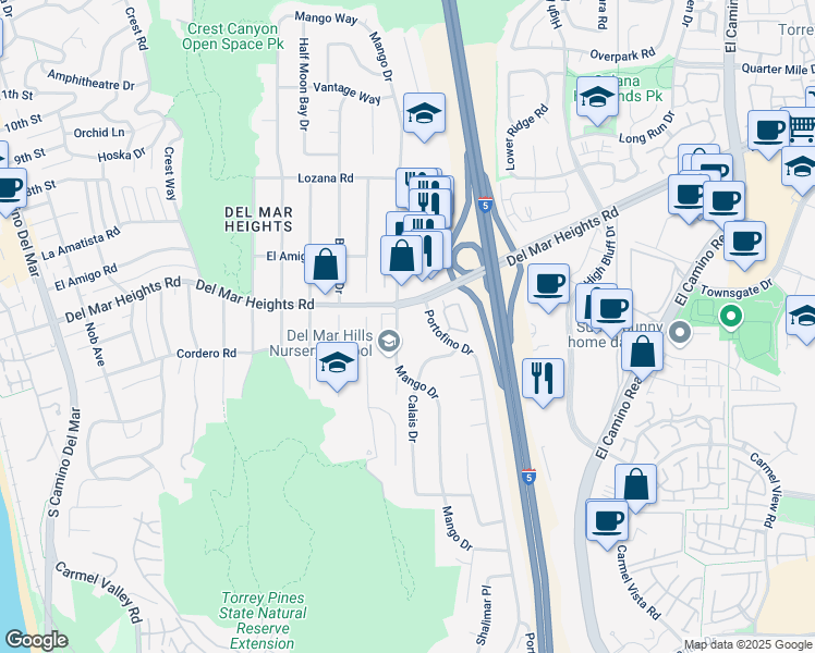 map of restaurants, bars, coffee shops, grocery stores, and more near 13779 Mango Drive in Del Mar