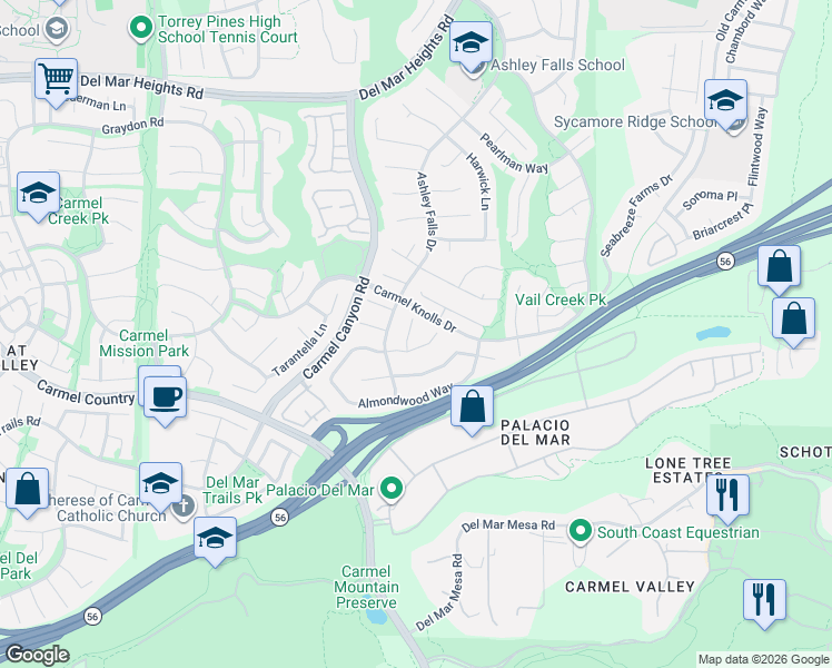 map of restaurants, bars, coffee shops, grocery stores, and more near 4951 Riding Ridge Road in San Diego