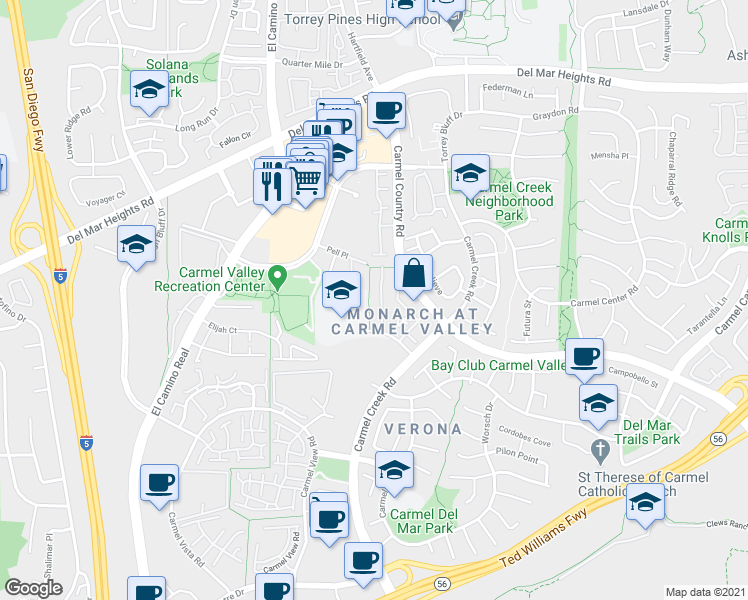 map of restaurants, bars, coffee shops, grocery stores, and more near 3796 Mykonos Lane in San Diego