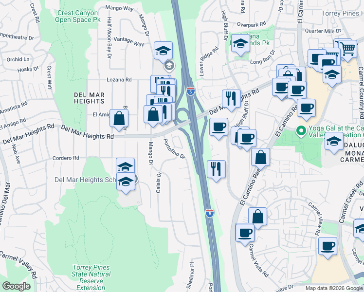 map of restaurants, bars, coffee shops, grocery stores, and more near 13665 Ruette Le Parc in Del Mar