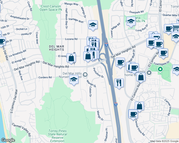 map of restaurants, bars, coffee shops, grocery stores, and more near 13754 Mango Drive in Del Mar