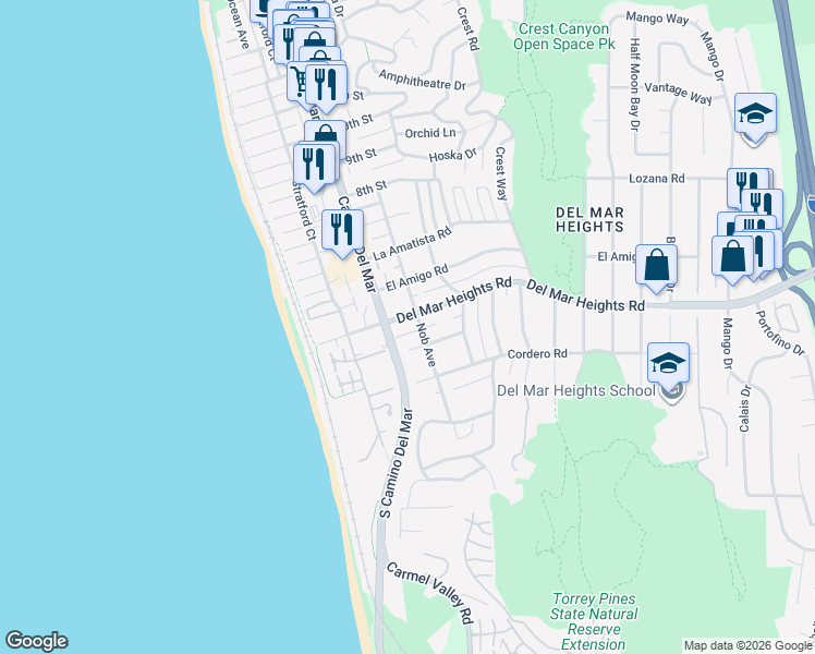 map of restaurants, bars, coffee shops, grocery stores, and more near 2070 De Mayo Road in Del Mar
