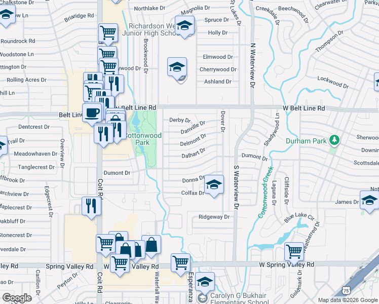 map of restaurants, bars, coffee shops, grocery stores, and more near 1243 Dalhart Drive in Richardson