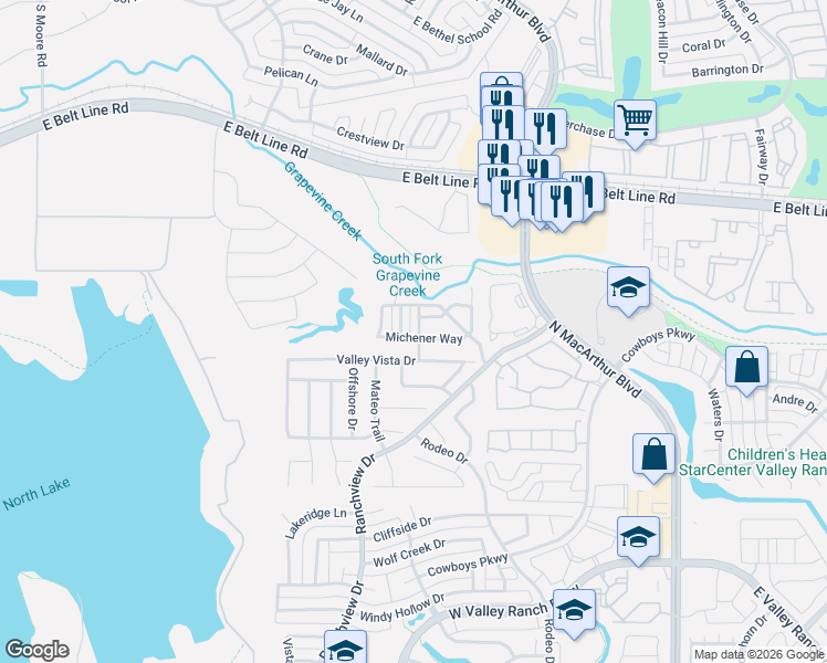map of restaurants, bars, coffee shops, grocery stores, and more near 1166 Michener Way in Irving
