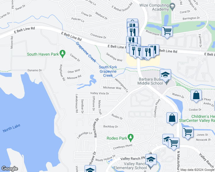 map of restaurants, bars, coffee shops, grocery stores, and more near 10524 Steinbeck Lane in Irving