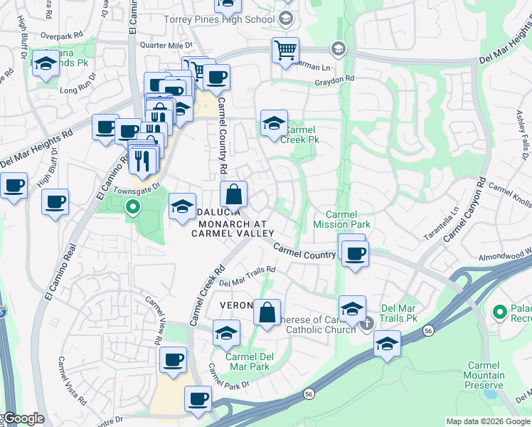 map of restaurants, bars, coffee shops, grocery stores, and more near 12735 Via Terceto in San Diego