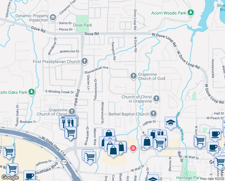 map of restaurants, bars, coffee shops, grocery stores, and more near 1531 Tiffany Forest Lane in Grapevine