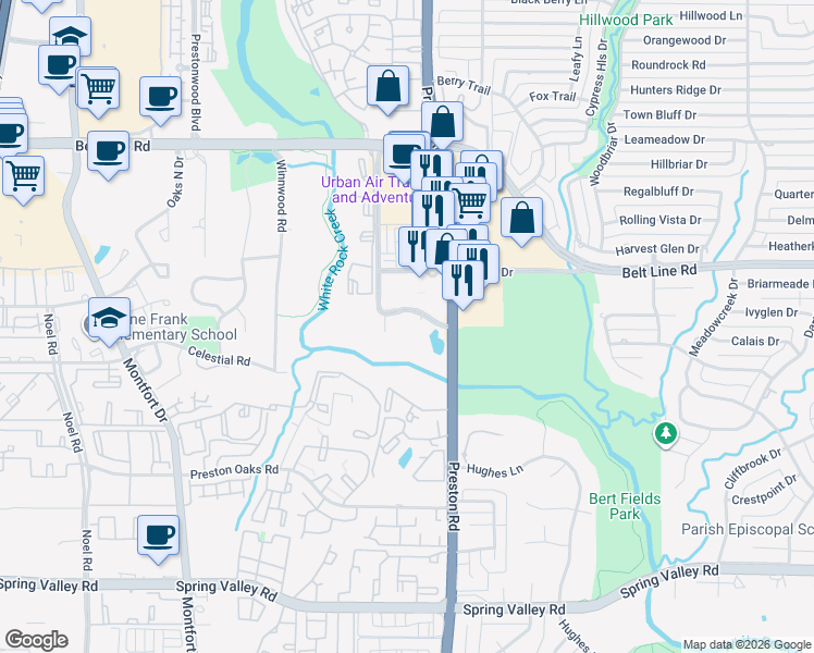 map of restaurants, bars, coffee shops, grocery stores, and more near 14725 Preston Road in Dallas