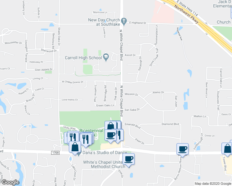 map of restaurants, bars, coffee shops, grocery stores, and more near 640 Oak Hill Drive in Southlake