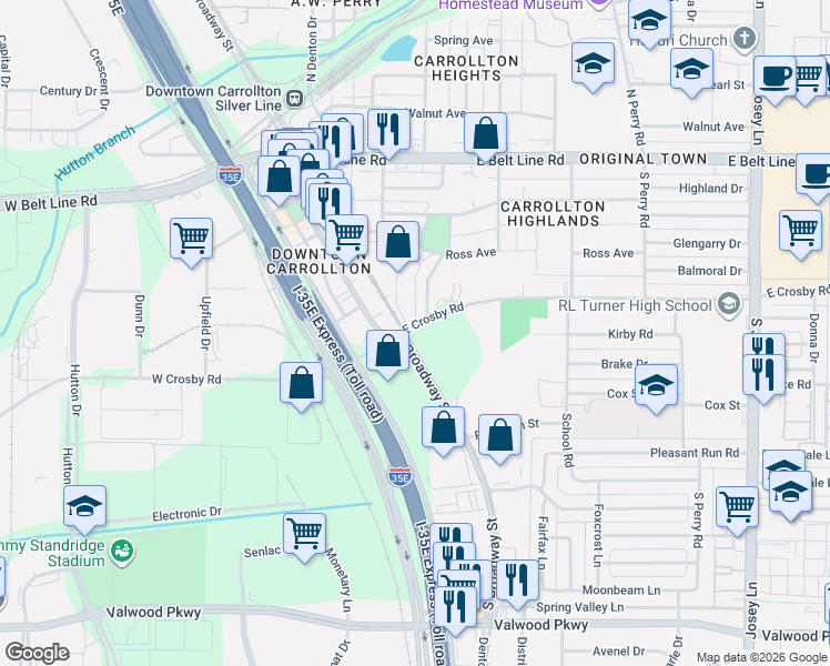 map of restaurants, bars, coffee shops, grocery stores, and more near 1308 East Crosby Road in Carrollton