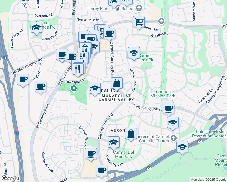 map of restaurants, bars, coffee shops, grocery stores, and more near 12360 Carmel Country Road in San Diego