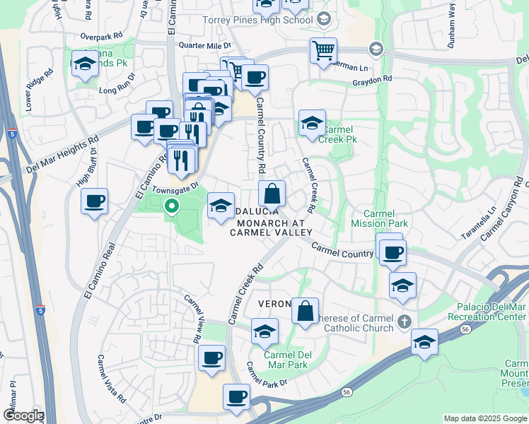 map of restaurants, bars, coffee shops, grocery stores, and more near 12360 Carmel Country Road in San Diego