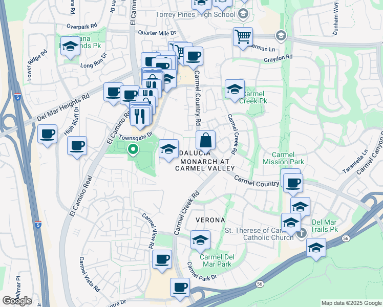 map of restaurants, bars, coffee shops, grocery stores, and more near 3786 Mykonos Lane in San Diego