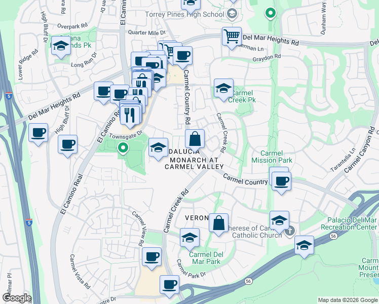 map of restaurants, bars, coffee shops, grocery stores, and more near 12368 Carmel Country Road in San Diego