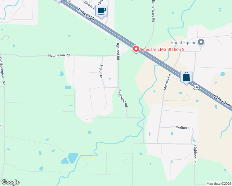 map of restaurants, bars, coffee shops, grocery stores, and more near 516 Highland Road in Springtown
