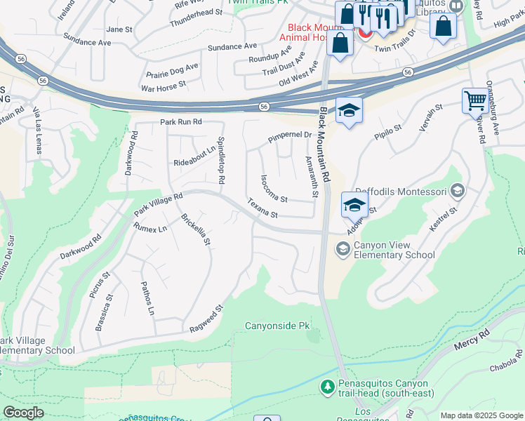 map of restaurants, bars, coffee shops, grocery stores, and more near Ragweed Street & Texana Street in San Diego
