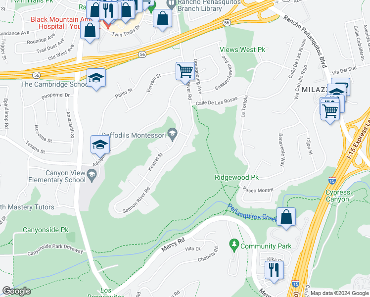 map of restaurants, bars, coffee shops, grocery stores, and more near 9463 Owl Court in San Diego