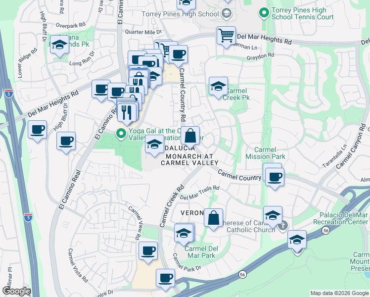 map of restaurants, bars, coffee shops, grocery stores, and more near 12360 Carmel Country Road in San Diego