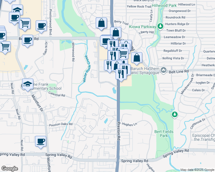 map of restaurants, bars, coffee shops, grocery stores, and more near 14655 Preston Road in Dallas