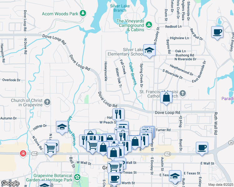 map of restaurants, bars, coffee shops, grocery stores, and more near 805 North Main Street in Grapevine