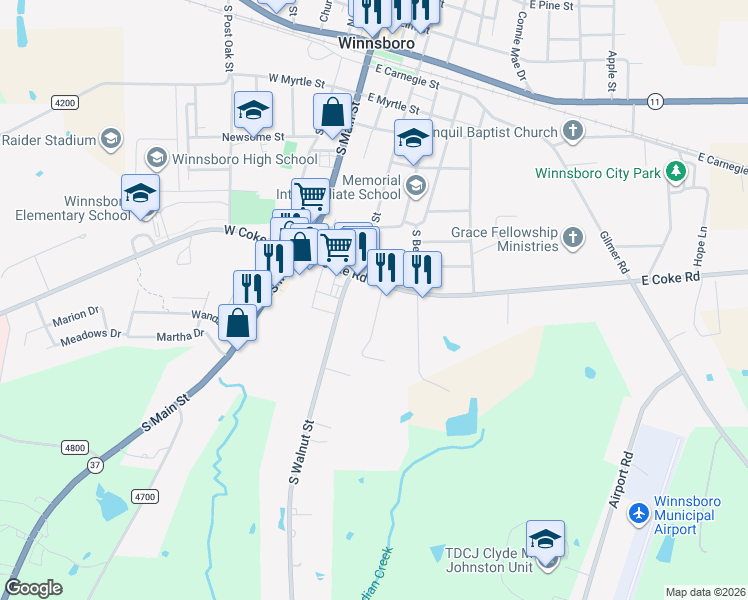 map of restaurants, bars, coffee shops, grocery stores, and more near 721 Taylor Drive in Winnsboro