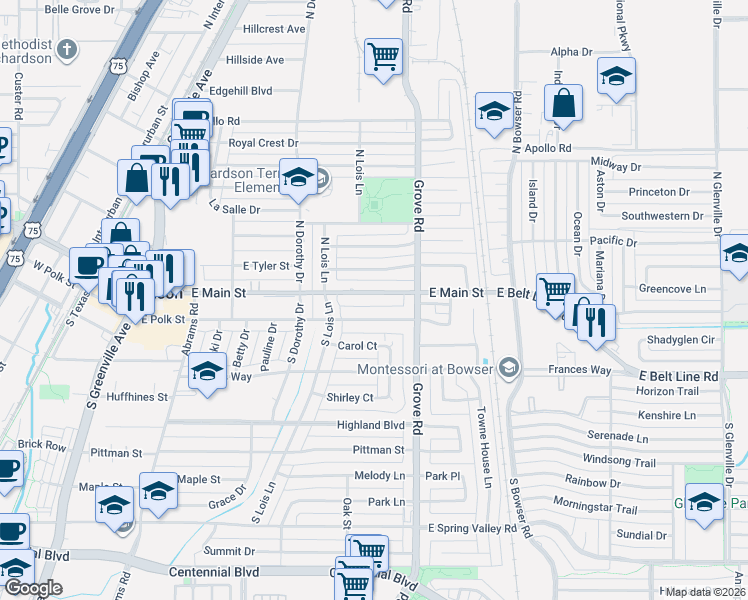 map of restaurants, bars, coffee shops, grocery stores, and more near 527 East Polk Street in Richardson