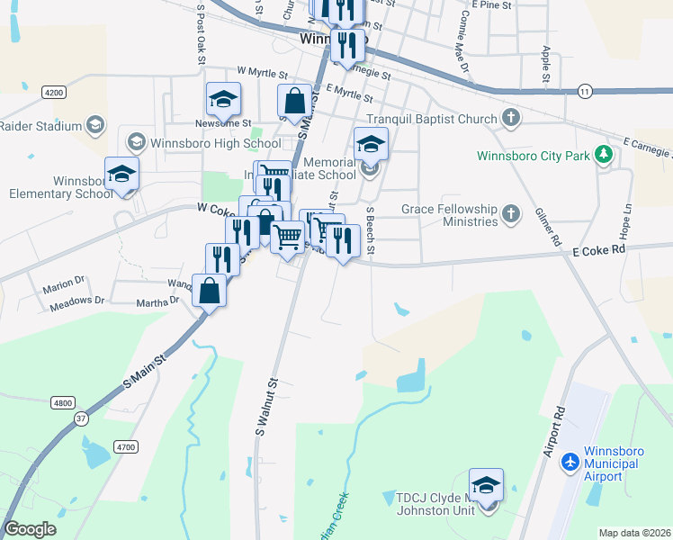 map of restaurants, bars, coffee shops, grocery stores, and more near 721 Taylor Drive in Winnsboro