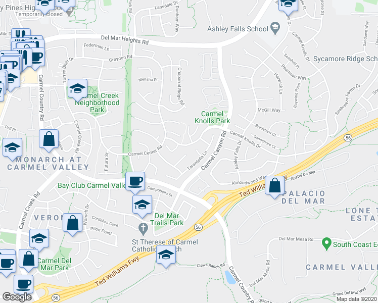 map of restaurants, bars, coffee shops, grocery stores, and more near 4695 Serenata Place in San Diego