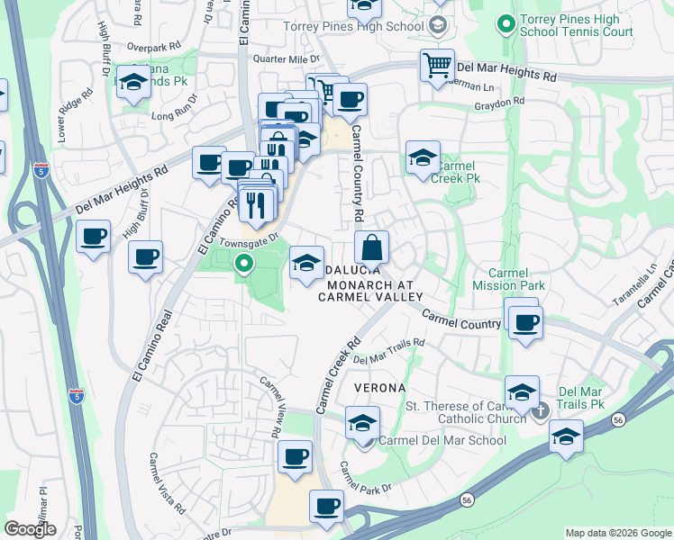 map of restaurants, bars, coffee shops, grocery stores, and more near 3724 Mykonos Lane in San Diego