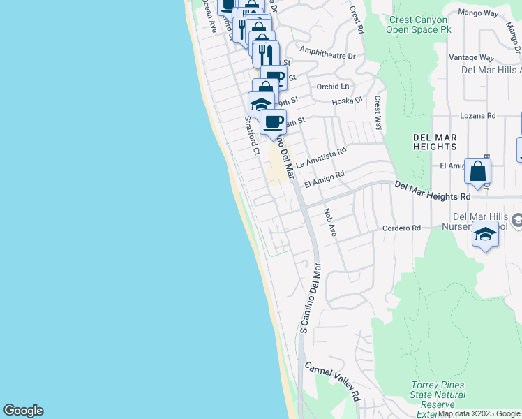 map of restaurants, bars, coffee shops, grocery stores, and more near 424 Stratford Court in Del Mar