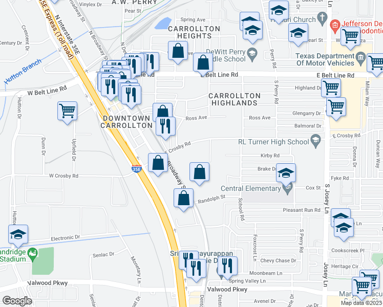map of restaurants, bars, coffee shops, grocery stores, and more near 1400 East Crosby Road in Carrollton