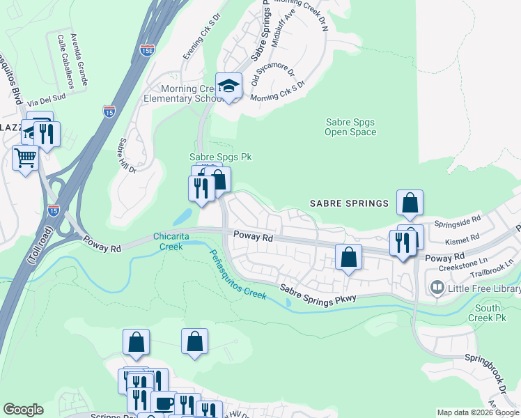 map of restaurants, bars, coffee shops, grocery stores, and more near 12625 Fiorenza Lane in San Diego