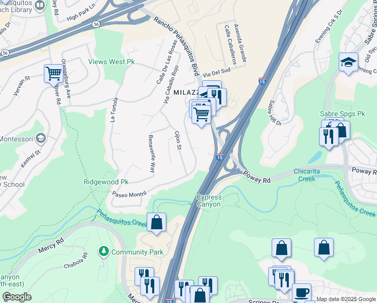 map of restaurants, bars, coffee shops, grocery stores, and more near 12651 Cijon Street in San Diego