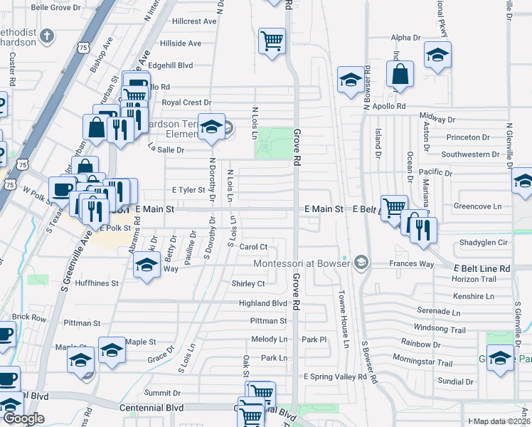 map of restaurants, bars, coffee shops, grocery stores, and more near 527 East Polk Street in Richardson