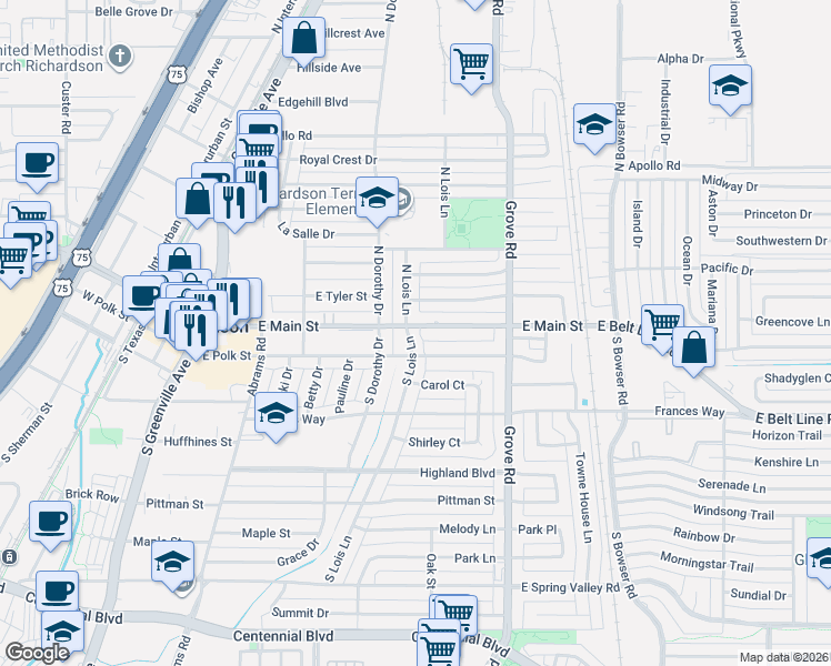 map of restaurants, bars, coffee shops, grocery stores, and more near 107 South Lois Lane in Richardson