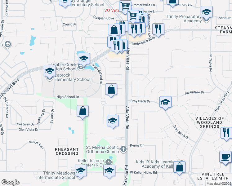 map of restaurants, bars, coffee shops, grocery stores, and more near 11855 Alta Vista Road in Fort Worth