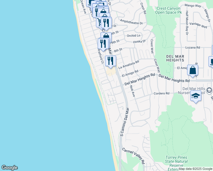 map of restaurants, bars, coffee shops, grocery stores, and more near 424 Stratford Court in Del Mar
