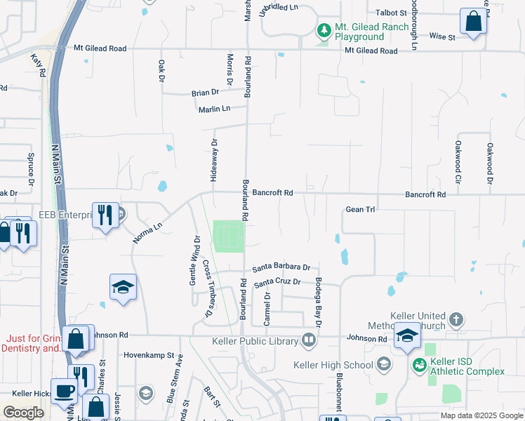 map of restaurants, bars, coffee shops, grocery stores, and more near 905 Bourland Road in Keller