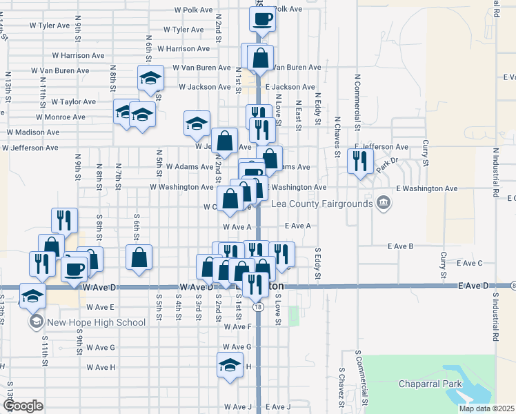 map of restaurants, bars, coffee shops, grocery stores, and more near 100 Main Street in Lovington