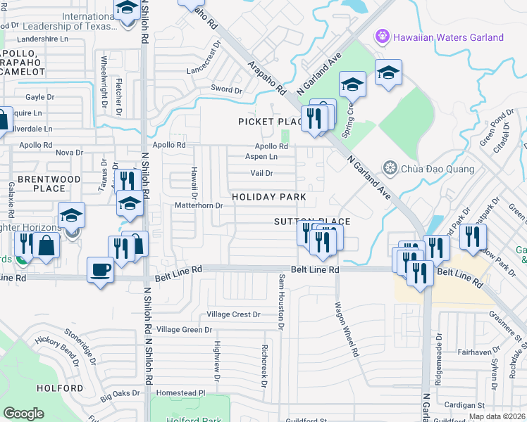 map of restaurants, bars, coffee shops, grocery stores, and more near 2006 Matterhorn Drive in Garland