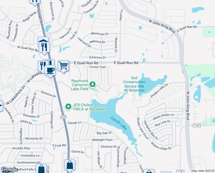 map of restaurants, bars, coffee shops, grocery stores, and more near 1423 Red Wolf Drive in Rockwall
