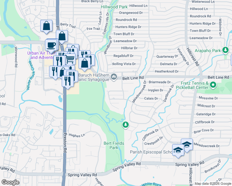 map of restaurants, bars, coffee shops, grocery stores, and more near 6217 Crestmere Drive in Dallas